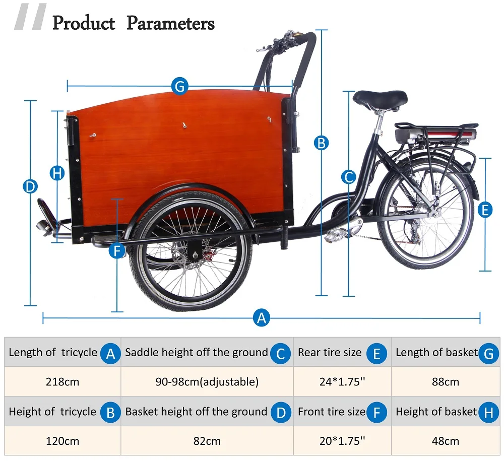 Electric Tricycle Danish Bakfiets Electric Front 2 Wheel Heavy Duty