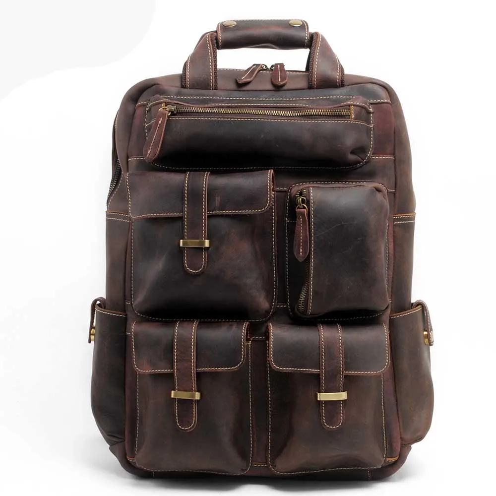 Hot Sale Crazy Horse Leather Vintage Men Backpack Casual Cowhide Tote Travel Bag