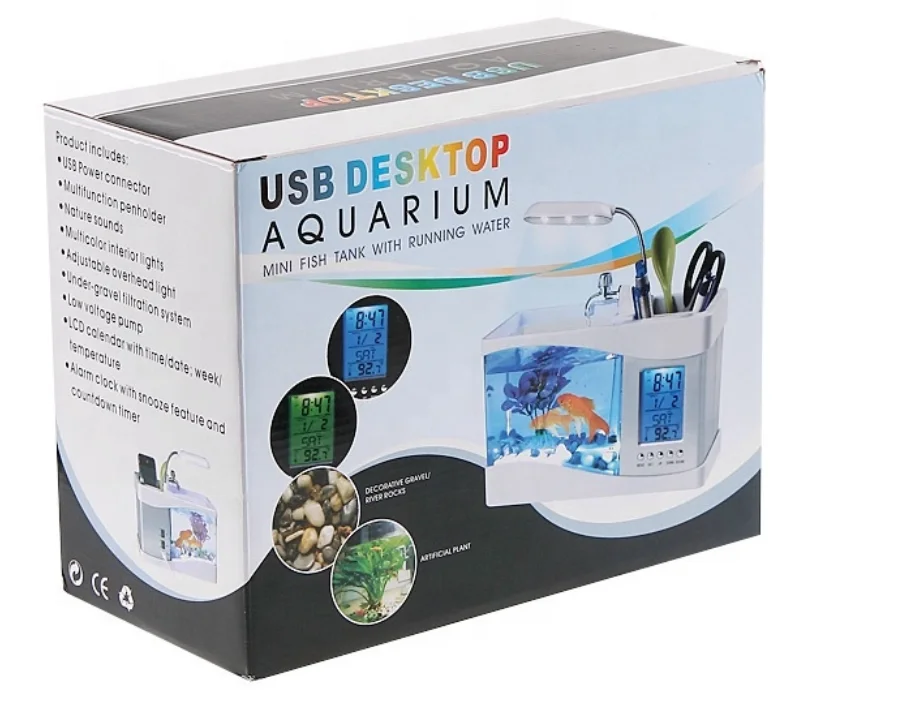 Akuarium Akuarium Ikan Mini Desktop Akrilik Usb V Dengan Lampu Led Cahaya Lcd Timer Layar