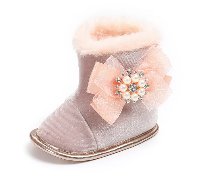 
 Детские зимние теплые ботинки на мягкой подошве с блестками из флисовой ткани с жемчужным Кружевом и бантом  