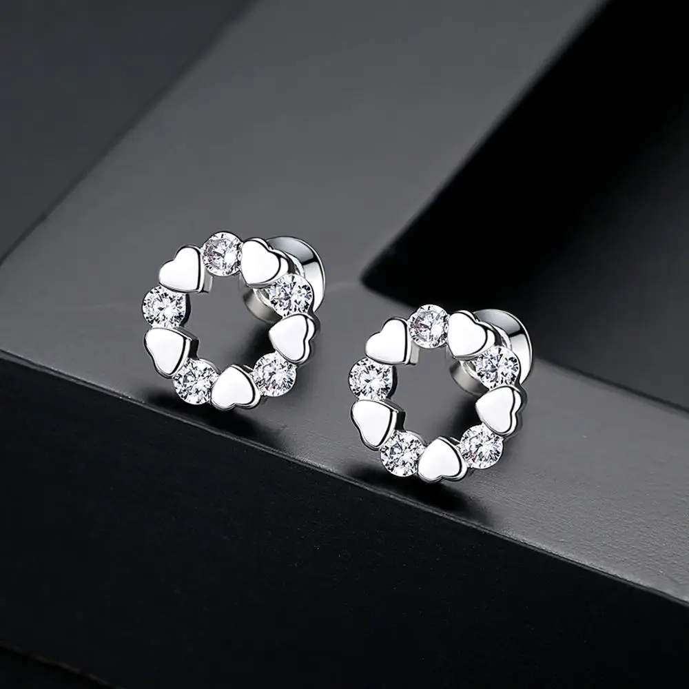 LUOTEEMI Classic Round Circle CZ Heart Halo Earrings Fashion Zircon Earring Jewelry Small Ear Studs