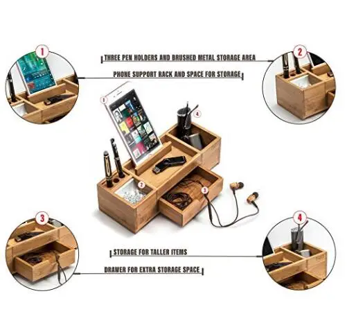 
Настольный органайзер с подставкой для телефона из бамбука 