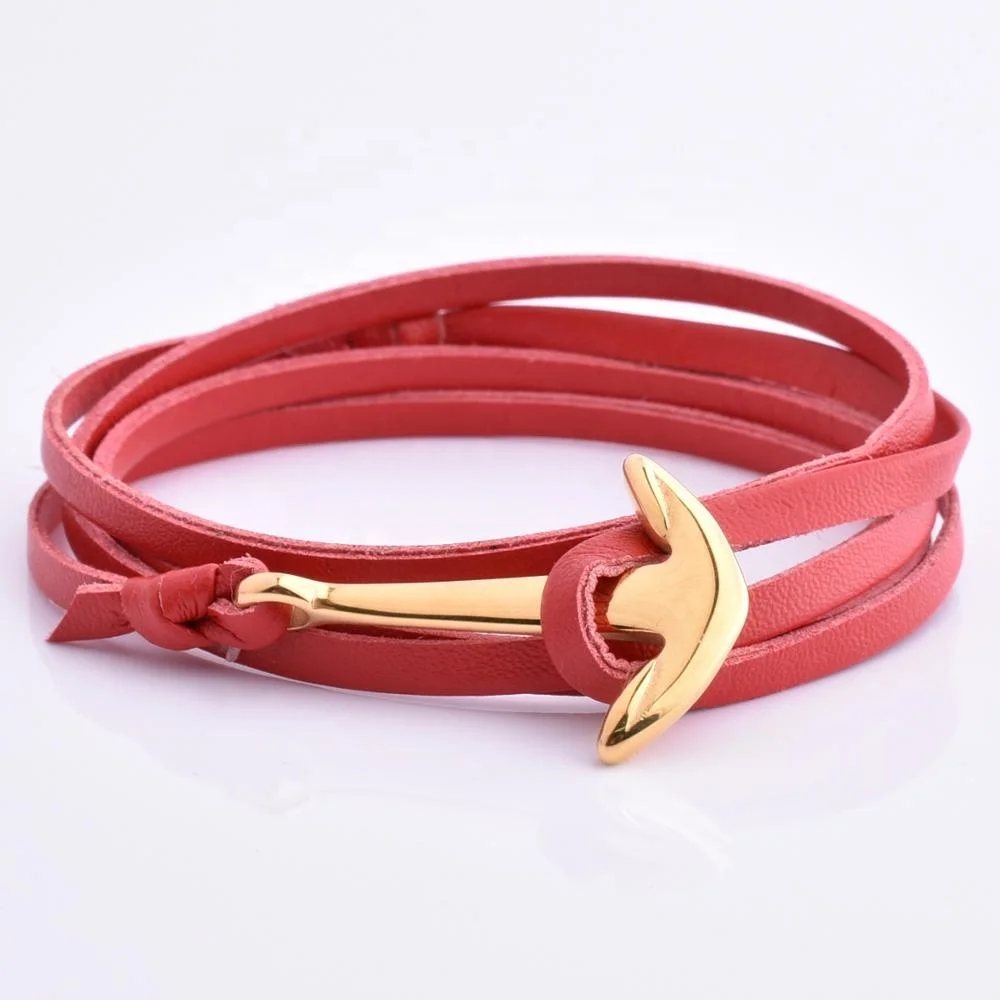 High Quality Vintage 18K Gold Anchor Bracelet Charms Red Leather
