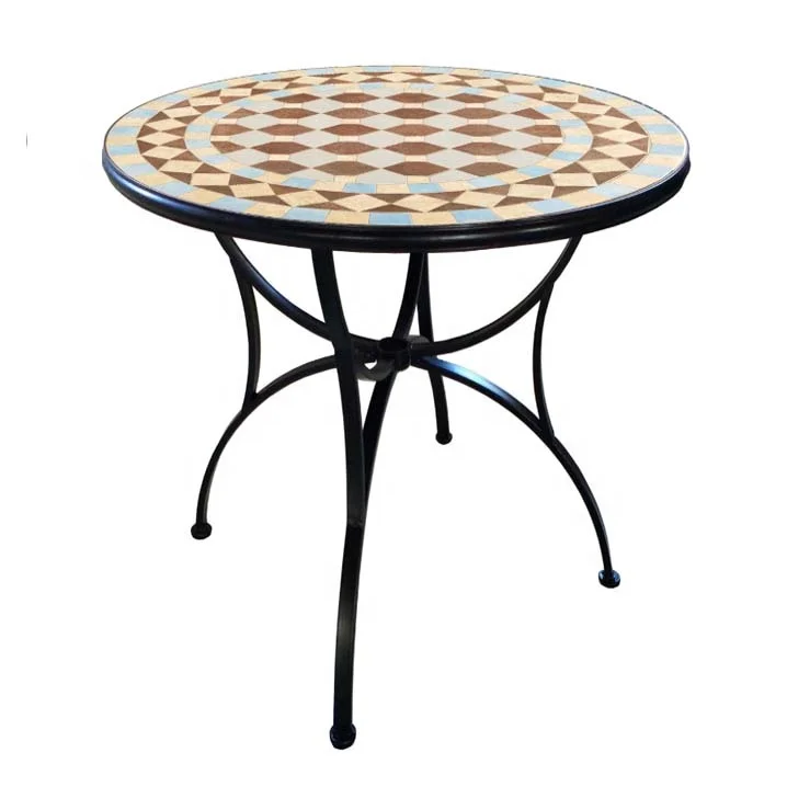 Geometric White Plaid Pattern Round Mosaic Table for Outdoor