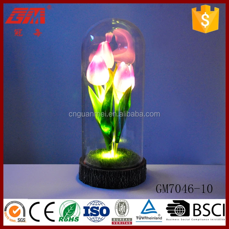 wholesale price bulk real touch artificial decorative flowers with glass dome LED light manufacture