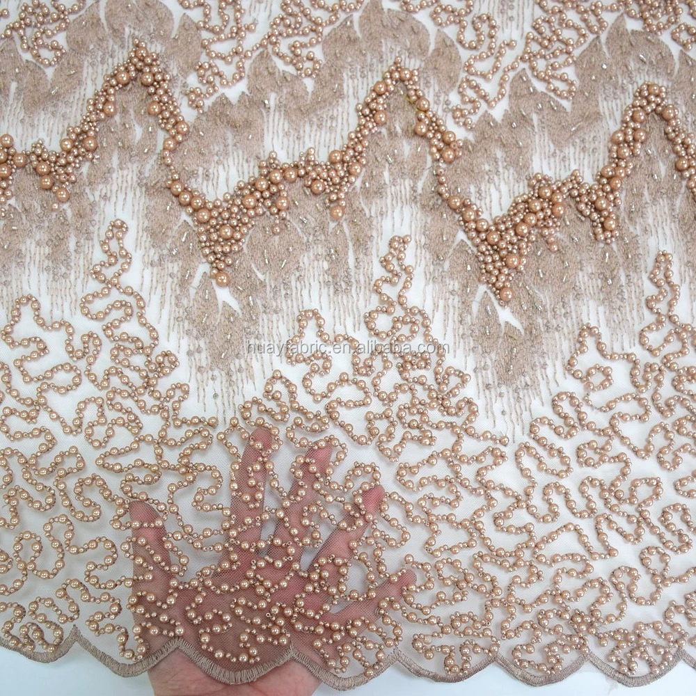 New designs french tulle lace top end bridal fabric with heavy pearls for lace wedding dresses HY0660-1