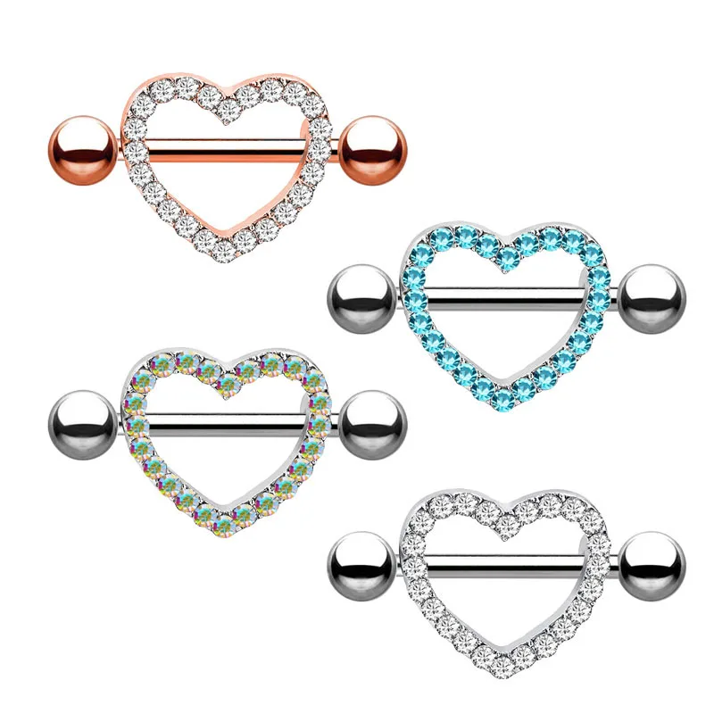 Surgical Steel Heart Nipple Piercing Set 14g Crystal Bar Lot Tongue