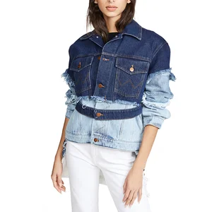 Denim Washed Frayed Color Block Layer  Drop Shoulder Oversized Asymmetrical Jacket  Women