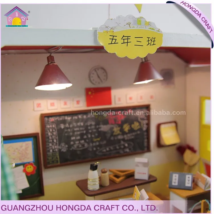 Primary School Teacher Model With Light and Furniture Diy Miniature Dollhouse Children Wooden Toy House
