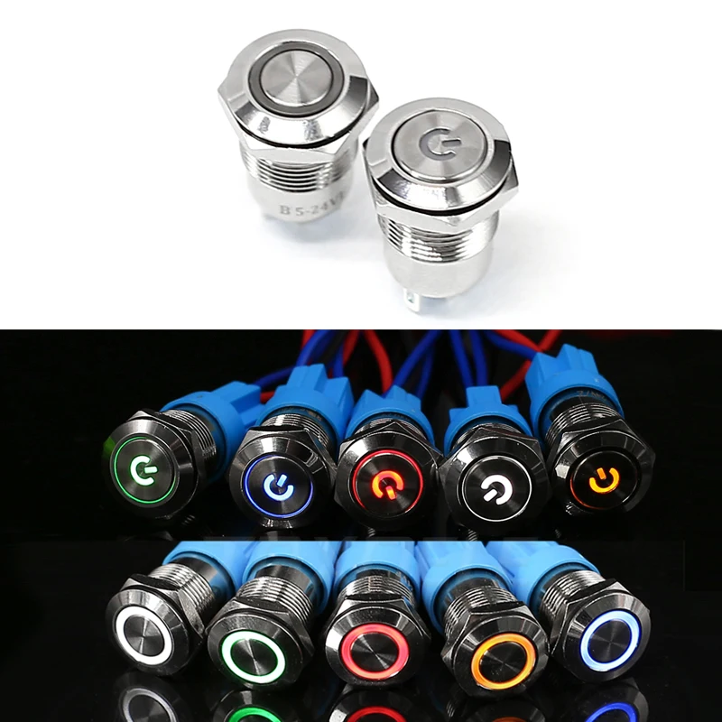 12mm LED Light Metal Push Button Switch 5 Colors 4 Pin Annular Car Power signal Power Button Switch 3V 6V 12V 24V 220V