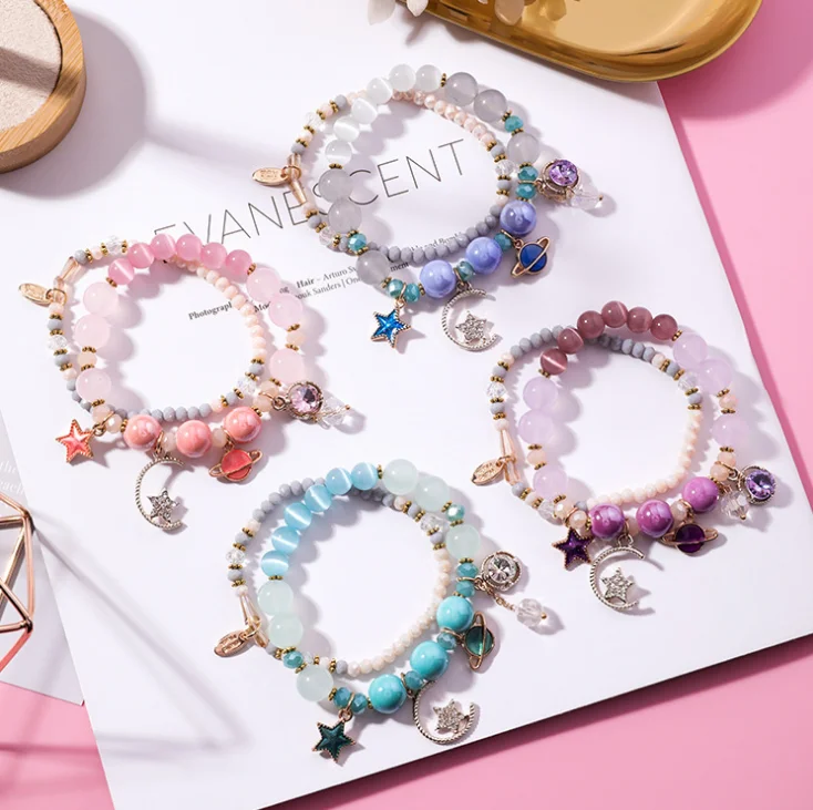 Simple Fresh Multi Layer Star Moon Cat Eye Crystal Bracelet for Women