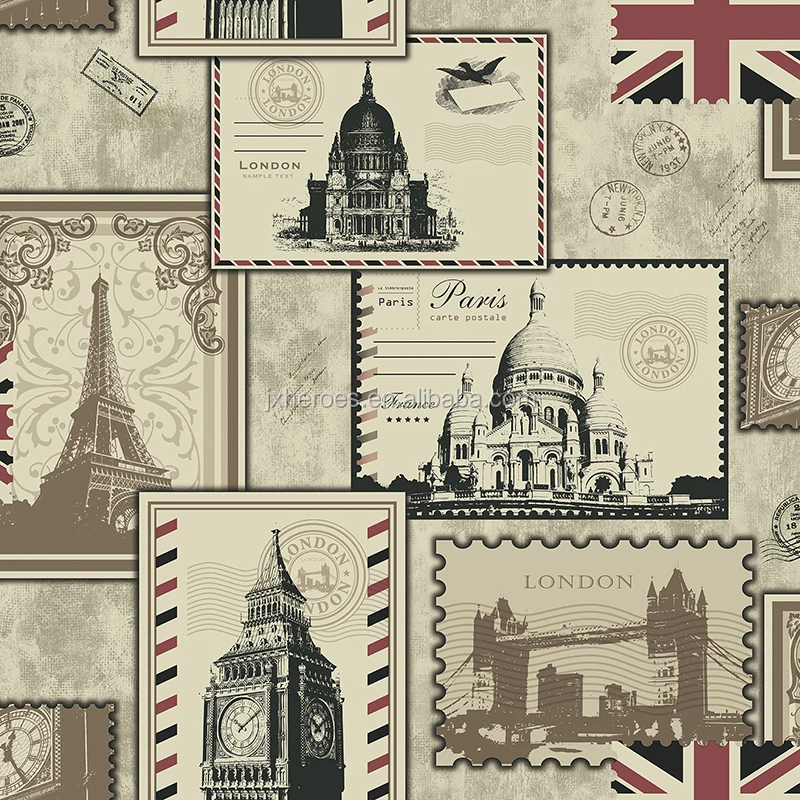 Exquisite Paris and London Classic Architecture Style Stamp Design Decorative Wallpaper for Bar