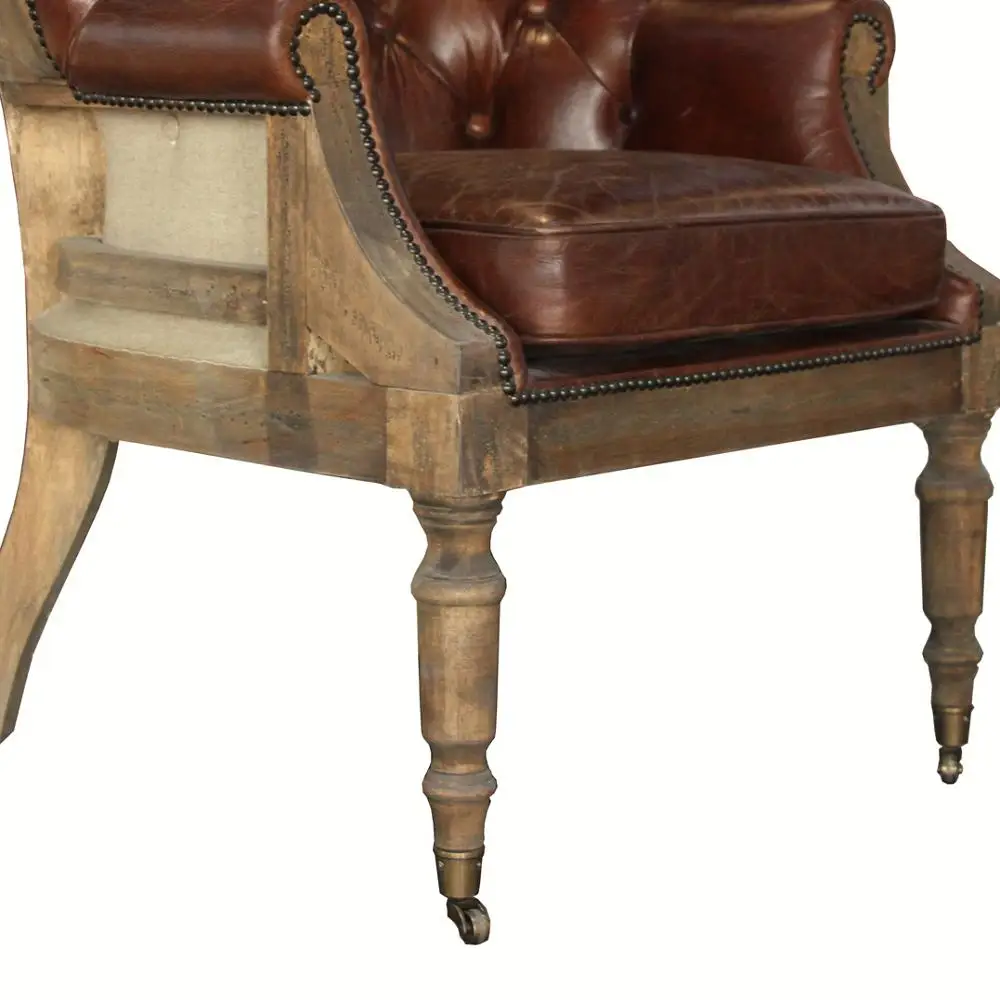 Button Wing Back Deconstructed Chair Vintage Tufted Leather Wingback Chair