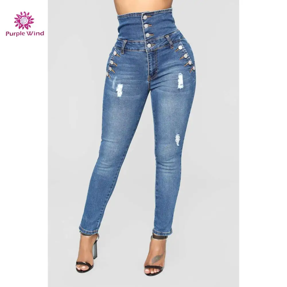 High Waist Button Design Skinny Plus Size Colombian Jeans for Womens