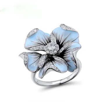 Hainon gold jewelry Luxurious Drip oil craft dreamy blue flowers wedding ring women gold fashion jewelry 2018 rings women