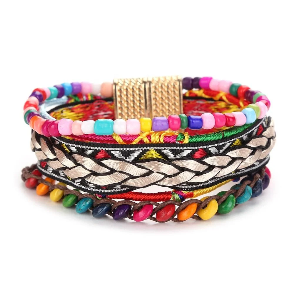 Цветной плетеный браслет в этническом стиле, браслет ручной работы с вышивкой, маленькие ювелирные изделия с пряжкой из сплава