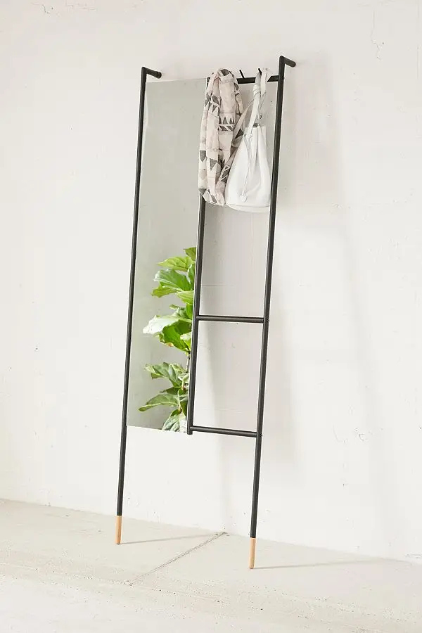 Large Metal Leaning Ladder Floor Full Dressing Mirror with Rack