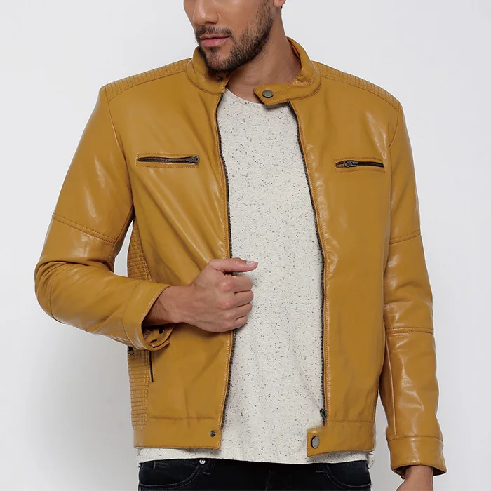 Source Newest design mustard Yellow woven fancy men PU leather biker jacket  with zipper on m.