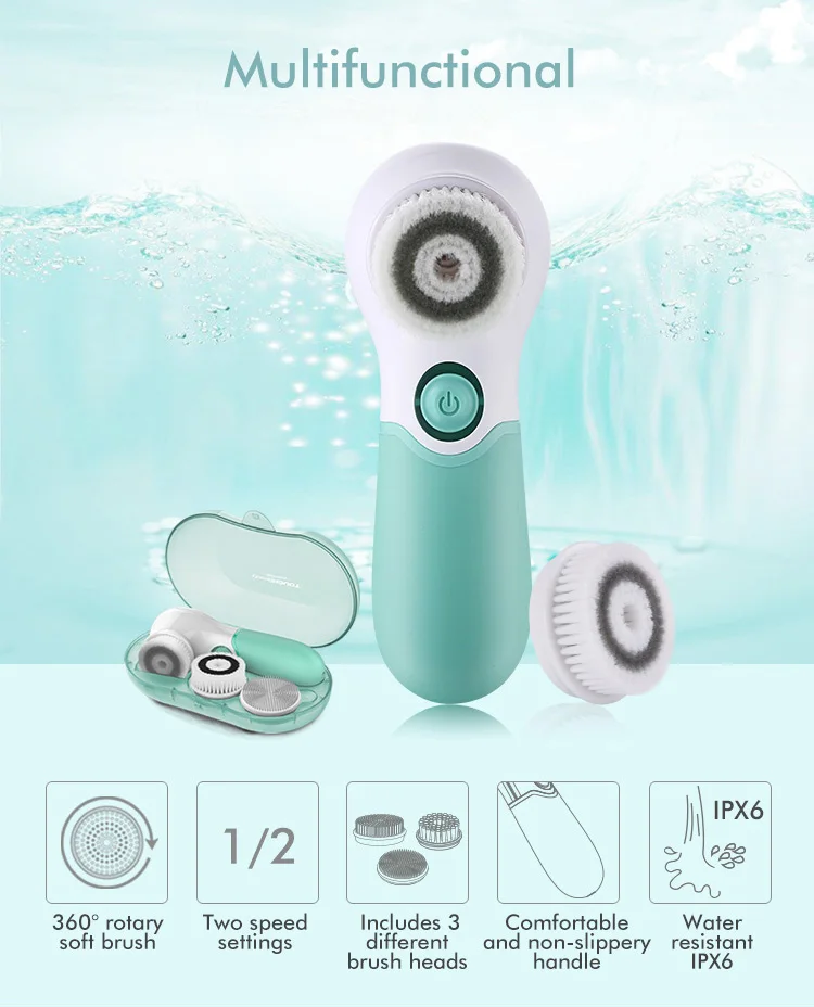 For TOUCHBEAUTY IPX5 Electric Sonic Facial Cleansing Brush Set 3 Silica Silicone Brushes Waterproof for Spa & Beauty Use