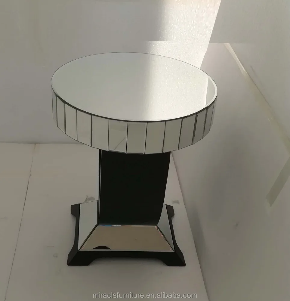 Black Wood Base Round Mirrored Corner Side Table for Living Room Furniture