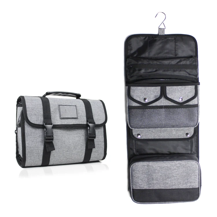 Personalized Folding Luxury Travel Canvas Roll Top Toiletry Bags Mens with Logo Makeup Cosmetic Bag with Hanging Hook