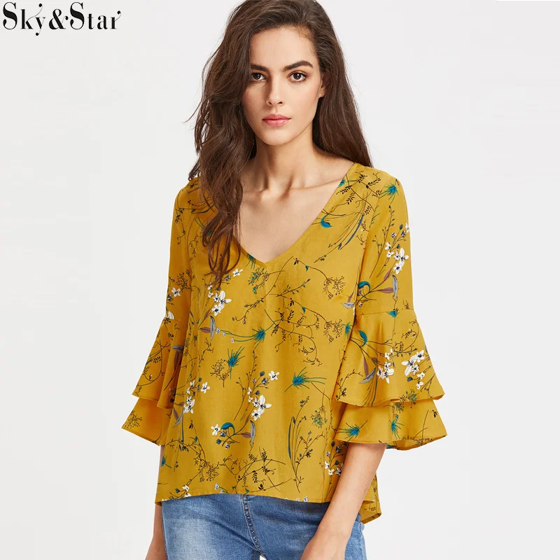 Womens Chiffon Round Neck Floral Long Trumpet Sleeves Tops Slim Blouses NEW C609 