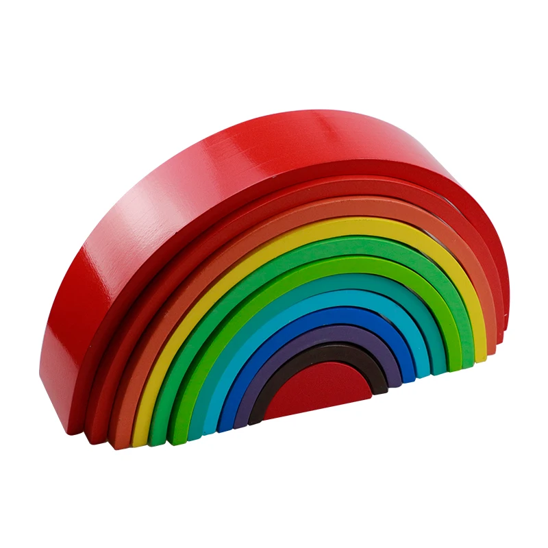 12-piece Wooden Rainbow Stacker Diy Toy Bright Colors Building Blocks ...
