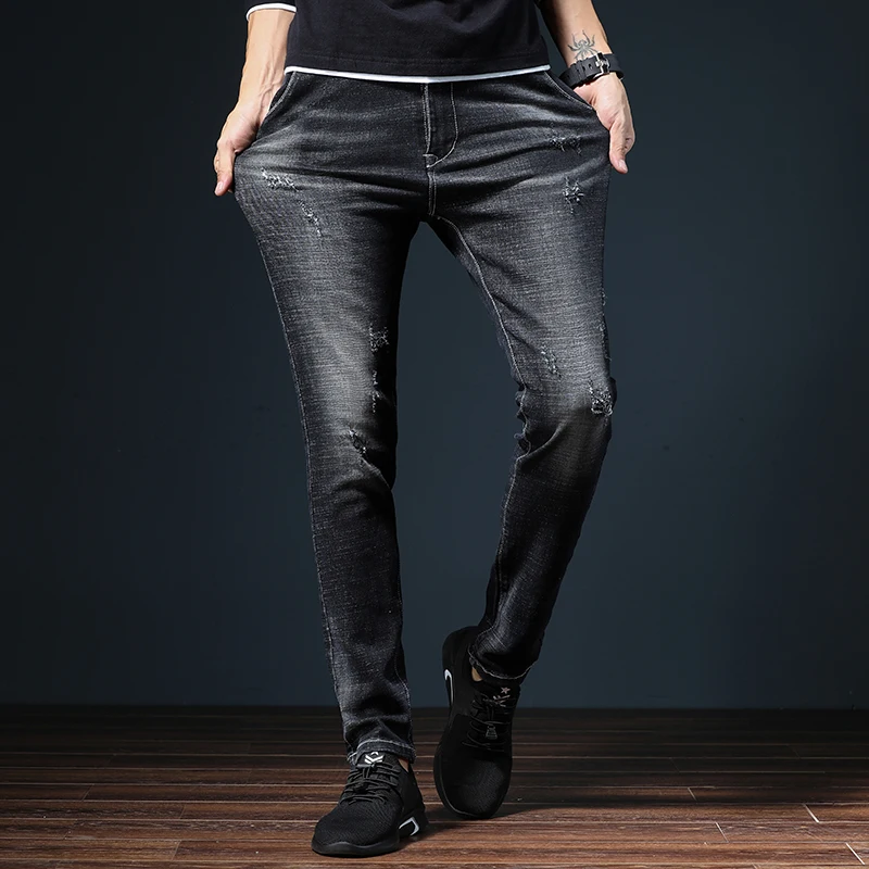 Pantalones de mezclilla negros de moda de deshecho para hombre, pantalones  largos sueltos informales para hombre, otoño invierno K4098AZ19SP|Pantalones  vaqueros| - AliExpress