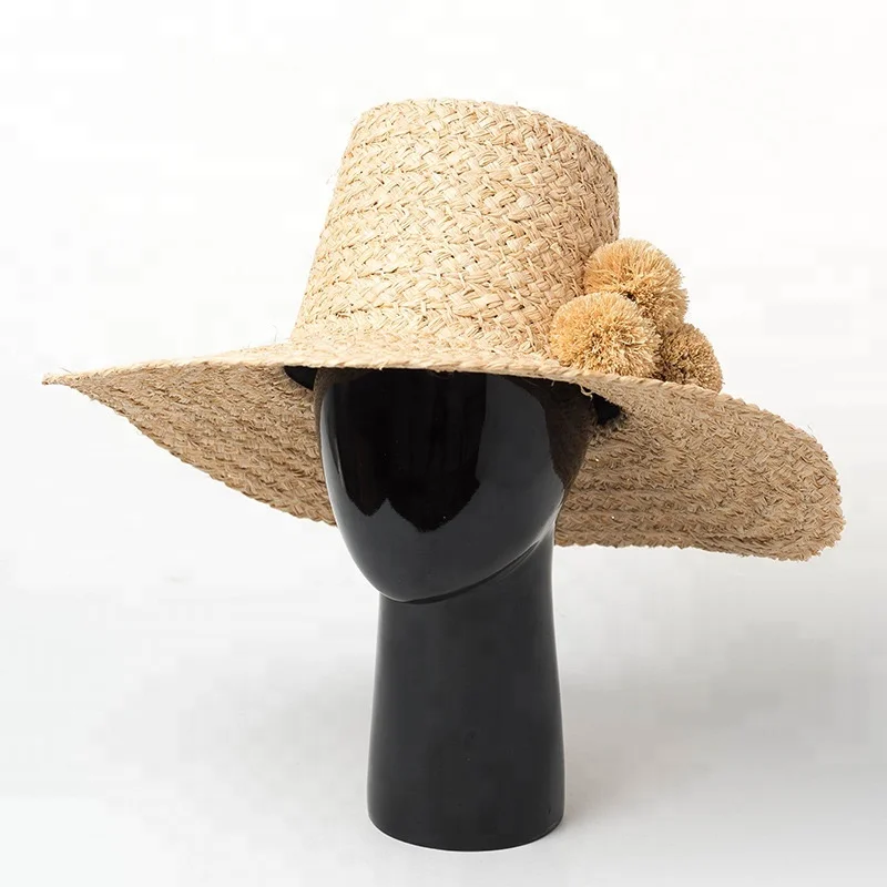 High End Custom Design Women Raffia Straw Hat With Pom Pom Ball