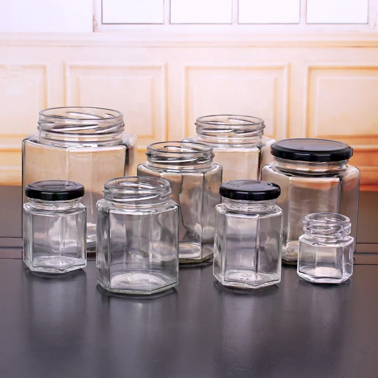 Free Sample 50ml 180ml 380ml 500ml Hexagonal Glass Honey Jars with Lids