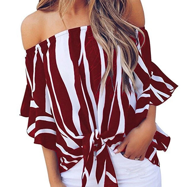 Женская рубашка в полоску, с открытыми плечами и рукавом-колоколом