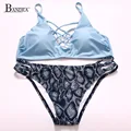 2016 Brazilian Women Snakeskin Shorts Back Cross Wrap Top Light Blue Cheeky Bikini Strappy Padded Swimsuit