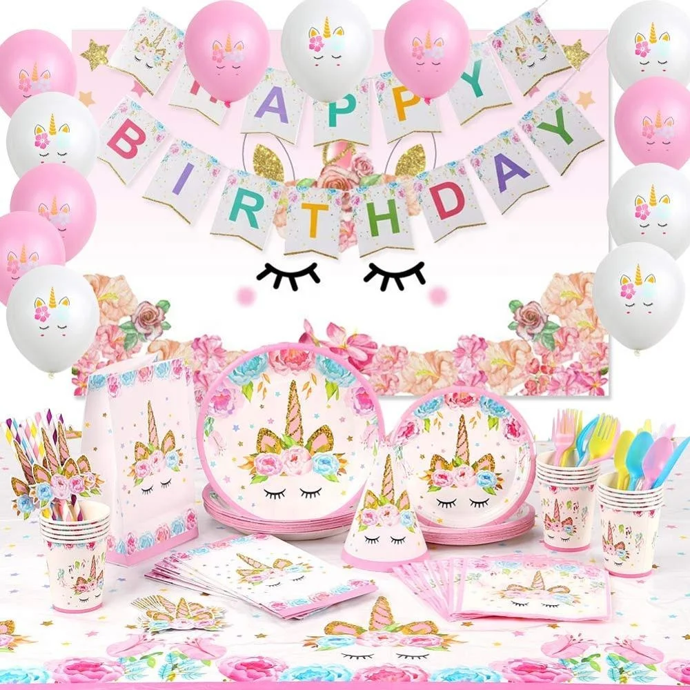 Cutlery Napkins, Plates Balloons Banner and Decorations Unicorn Birthday and Event Decor Cups LHM Unicorn Birthday Party Supplies for Girls 16 Guests Set Pink Straws Cups Unicorn Plates Napkins Tablecloth
