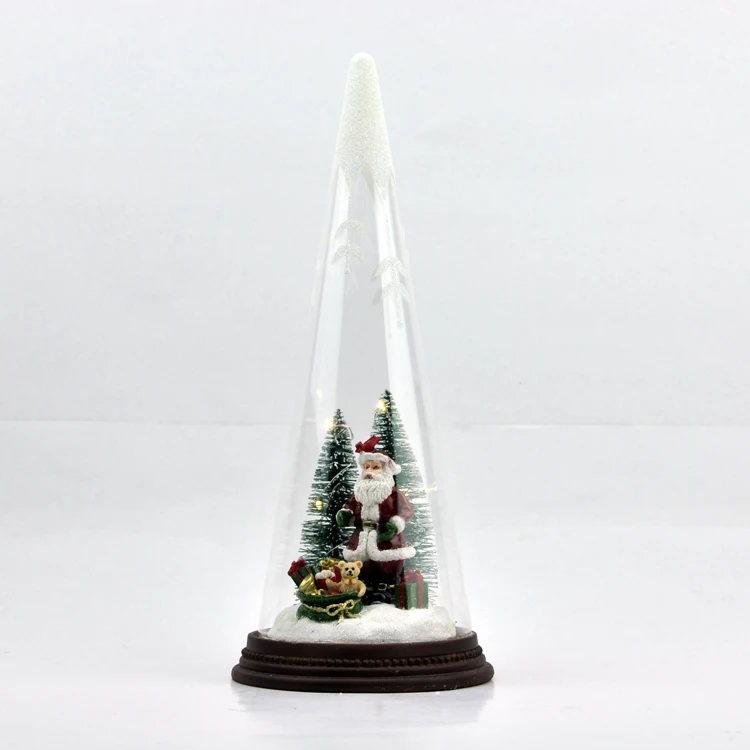 new design Christmas decoration cone shaped glass display cloche dome with resin santa claus manufacture