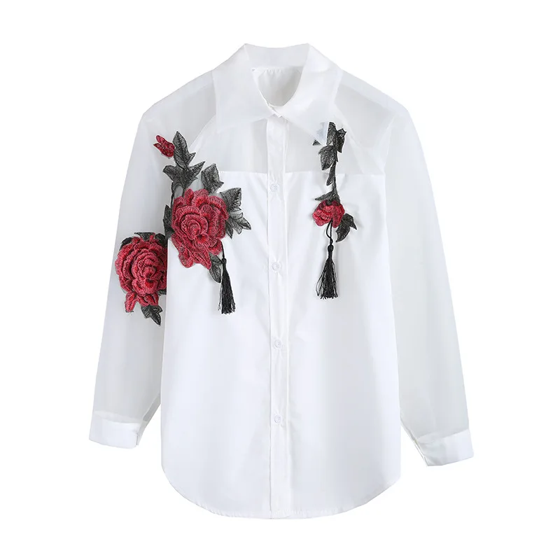 New Spring and Summer Blouse Blusa Embroidered Flowers Organza Long-sleeved White Shirt Black and White Women Tops Efu1022