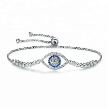 High quality charming women jewelry 925 Sterling Silver Blue Evil Eyes Adjustable Lucky Amulet Bracelet