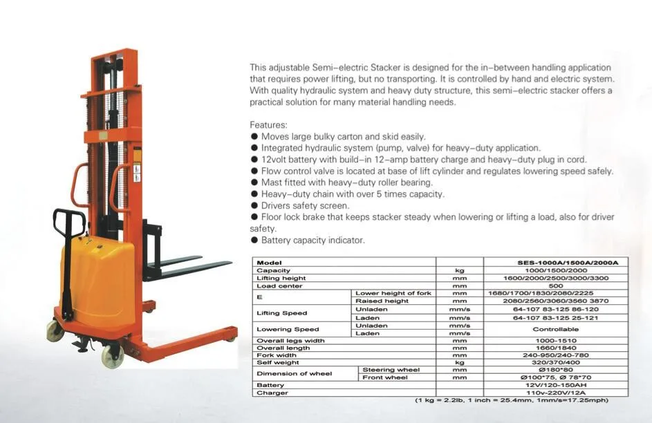 Everlift Semi-electric Pallet Stacker 2000kg Lift Height 1.6m 2m 2.5m ...