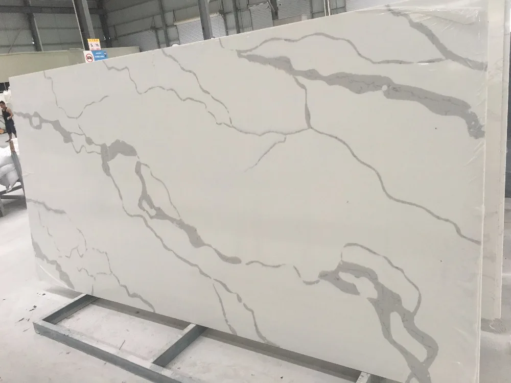Largest Size Calacatta White Quartz Stone Slab Price with Grey Vein for Kitchens