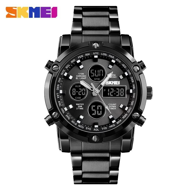 SKMEI 1389 Men Japan Quartz Movement Digital Watches Stainless Steel Watch  Reloj Auto Week Date Alarm Luminous Countdown Fashion