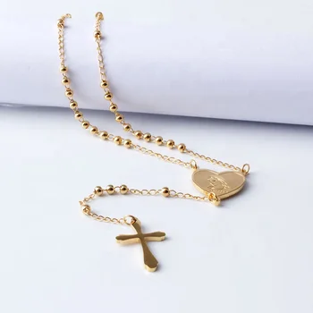Stainless Steel Gold Long Rosary Beads Catholic Necklace Virgin Mary Heart Necklace