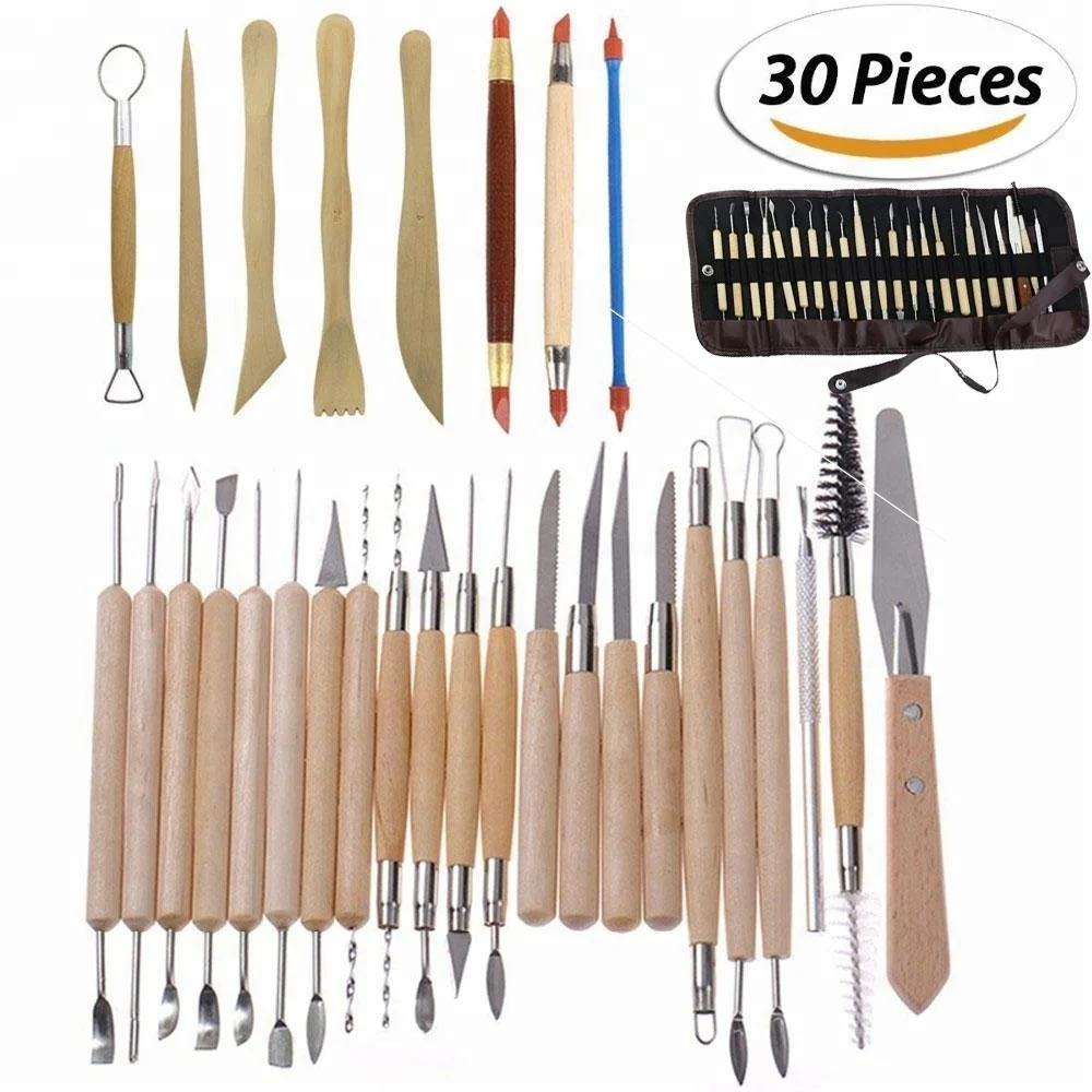 30pcs, Pottery Tools Kit, Polymer Clay Tools, Modeling Clay Sculpting Tools  Kit, Ceramics Tools, For Trimming Embossing, Smooth Wooden Handle