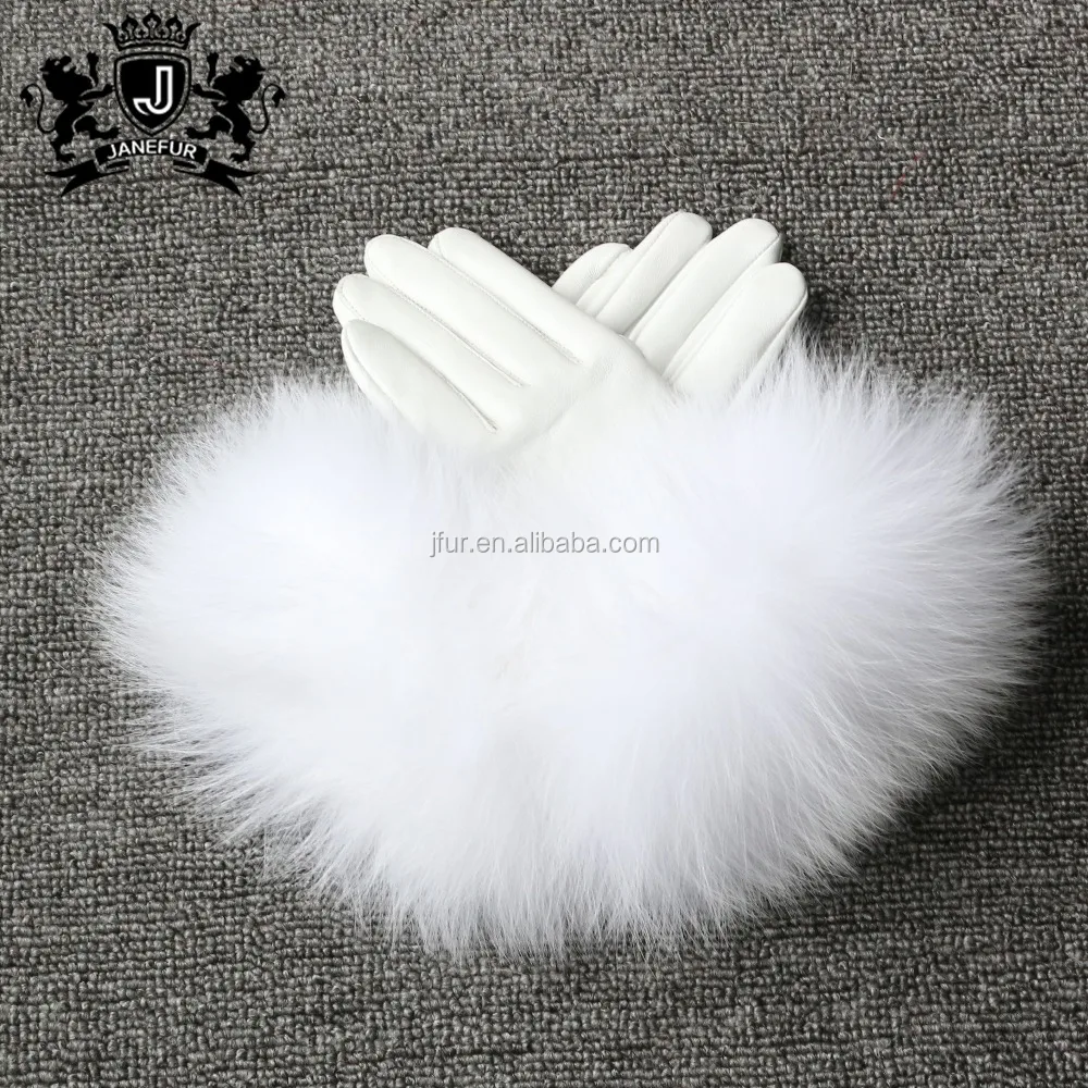 White Fox White Leather Mittens Good Price Fox Fur Cuff Sheepskin