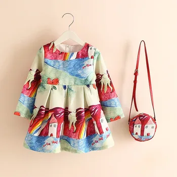 Flower Kids Cotton Lining Party Dress Print Baby Summer Clothing Children Long Sleeve Dress With Bag WGL