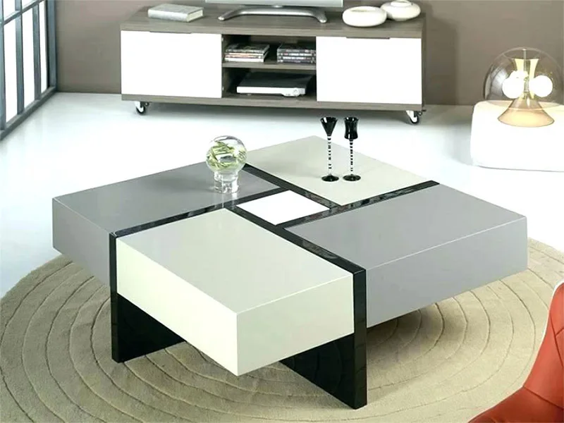 Modern Multifunction Storage square Black and  White Coffee Table in Wood