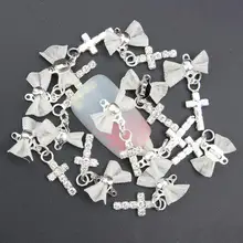 10 Pcs Glitter 3D Bow With Cross Pendants Rhinestones For Nail Art Decorations Gel Polish DIY