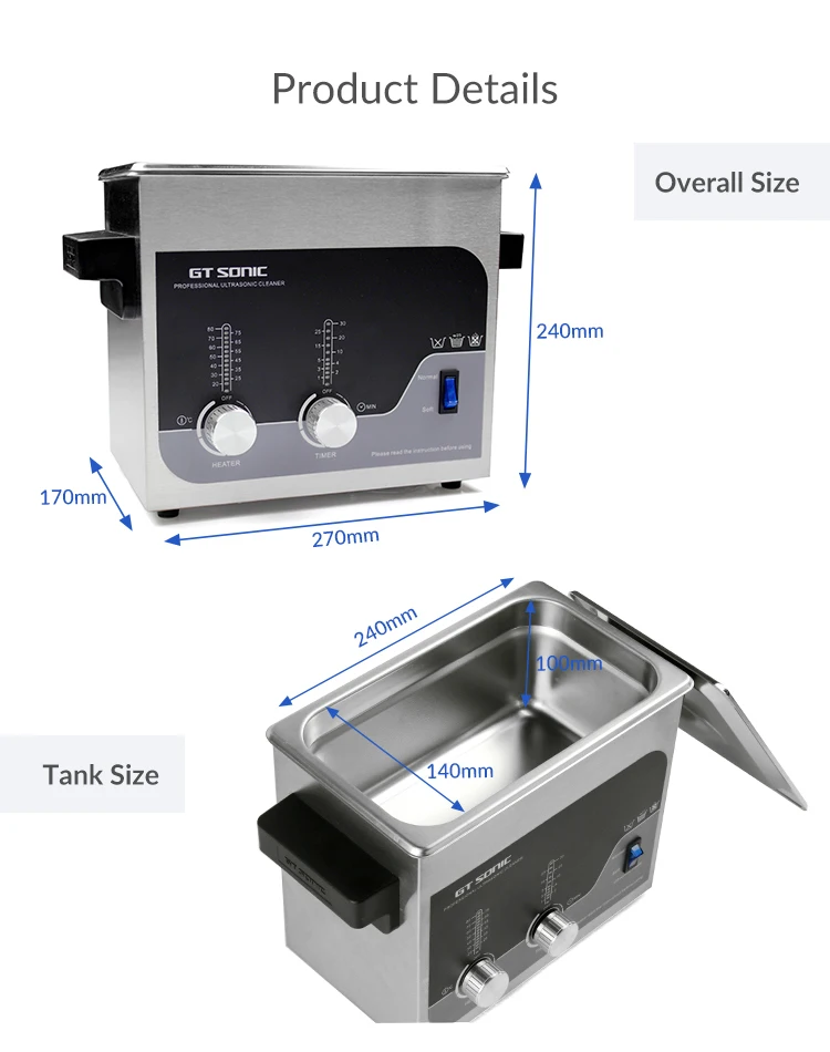GT SONIC Digital Heated Cleaning Machine 3 Liter Ultrasonic Cleaner with Deagas Timer Heater