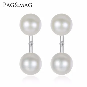 PAG&MAG Simple Lovely 7mm Double Freshwater Pearl Stud Earring With S925 Silver&CZ Crystal Earring For Girl Party Gift