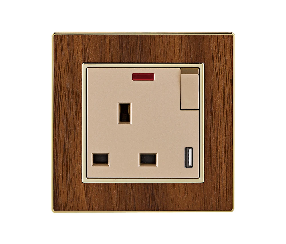 China Factory Direct Sale Uk Standard Gold Acrylic Wood Grain Panel New Design 2 Gang 2 Usb Wall Switch and Socket With Neon