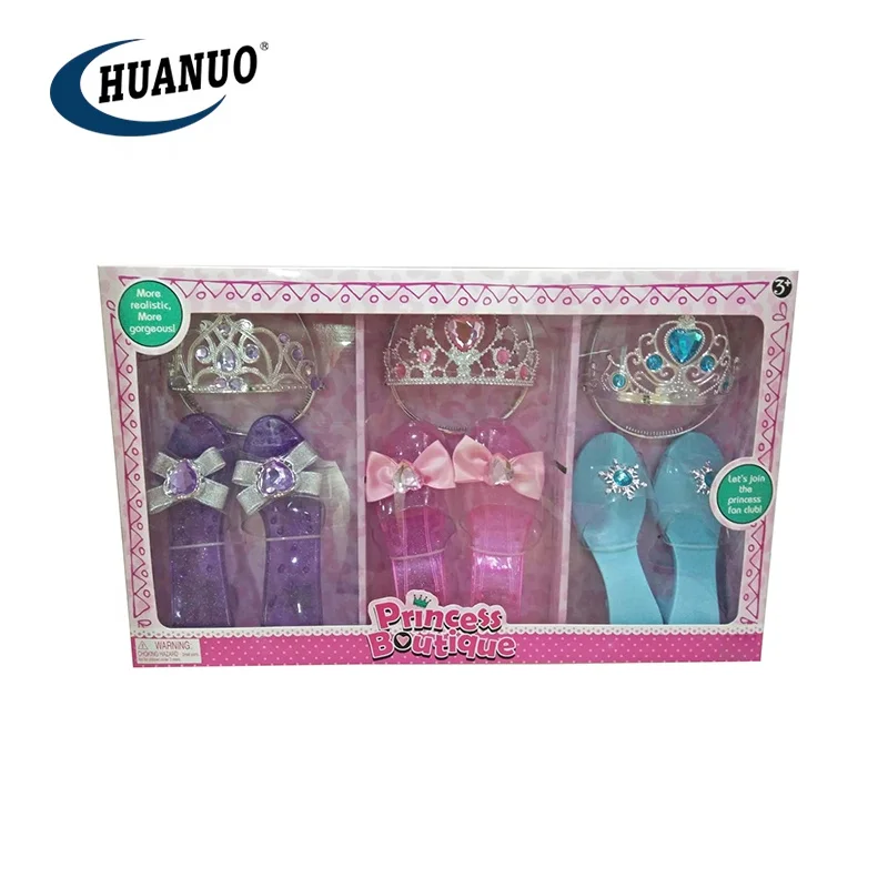Girl Pretend Play Makeup Toy Dress up Game Princess Crown Plastic Jewelry High Heel Shoes