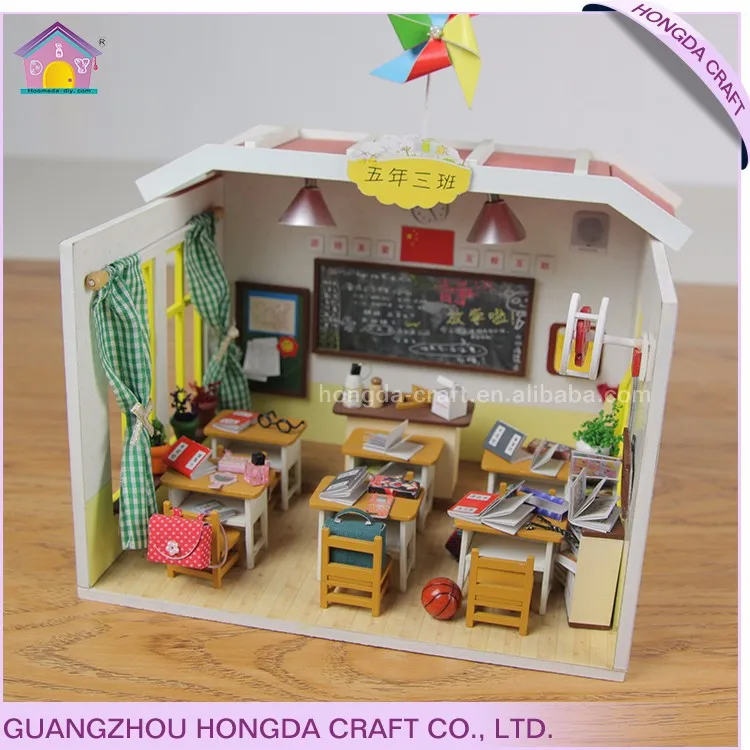 Primary School Teacher Model With Light and Furniture Diy Miniature Dollhouse Children Wooden Toy House